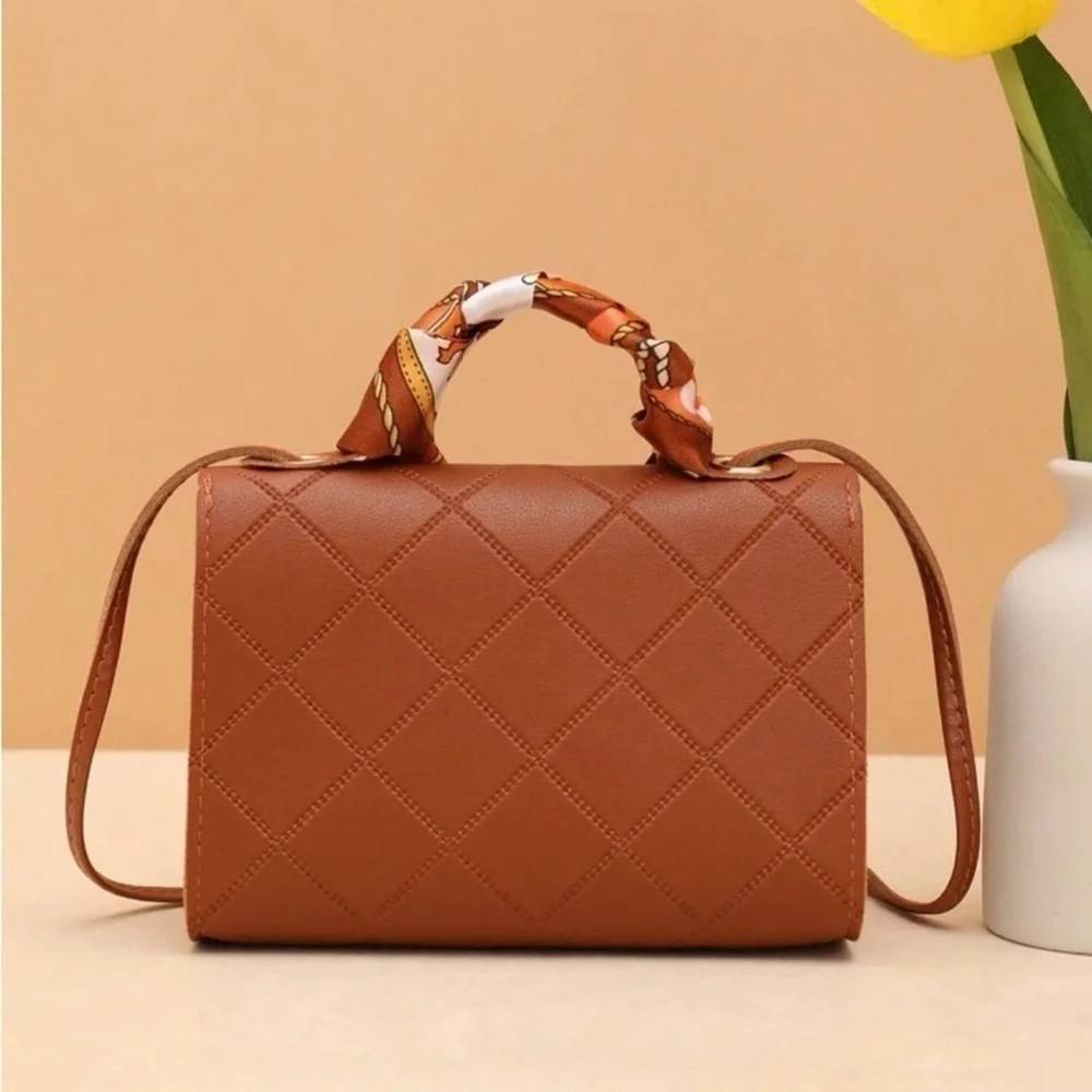 ⚠️Clearance Brown Silk Scarf Handle Crossbody Bag - Picture 2 of 6